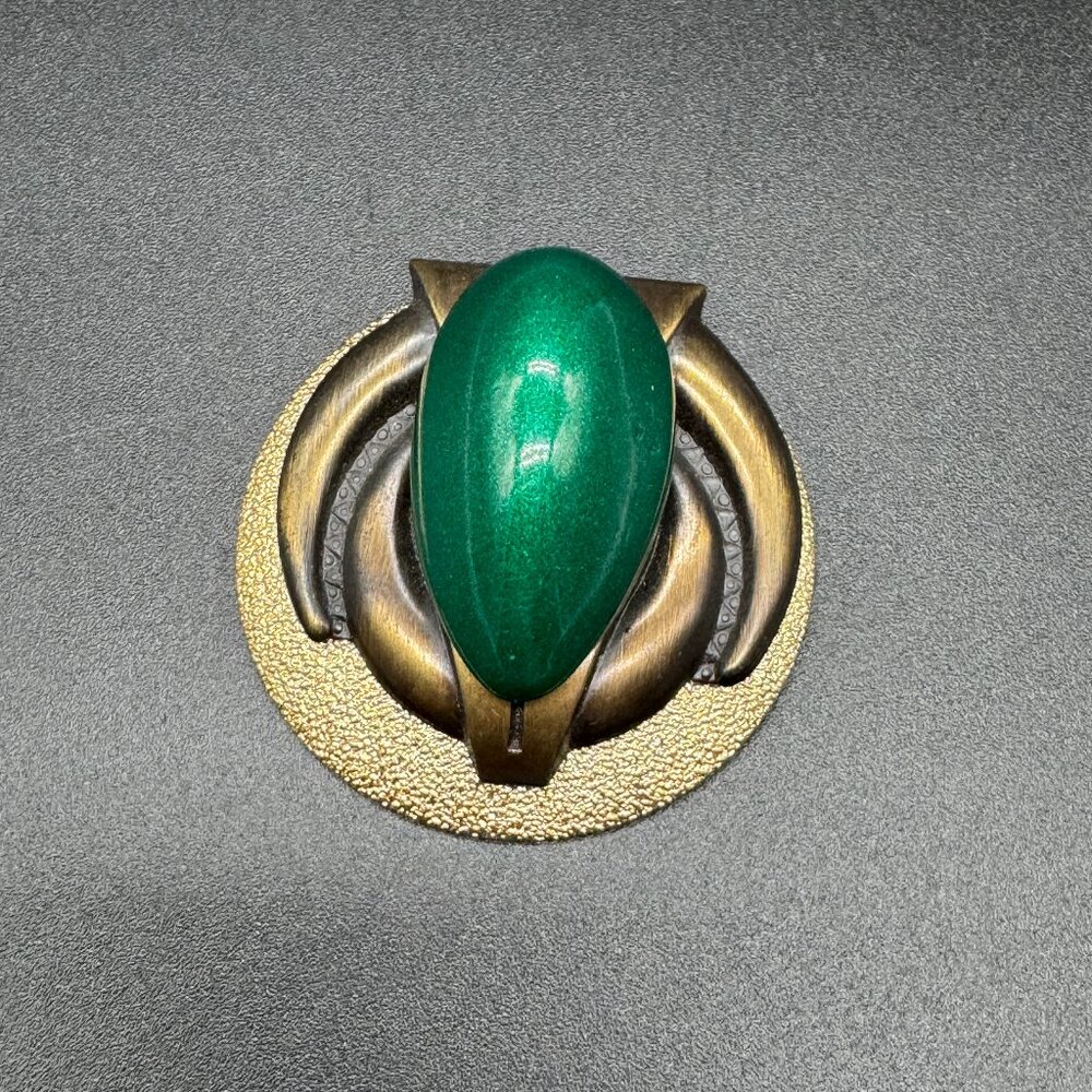Artisan Made Brooch Gold Tone Green Faux Stone Round